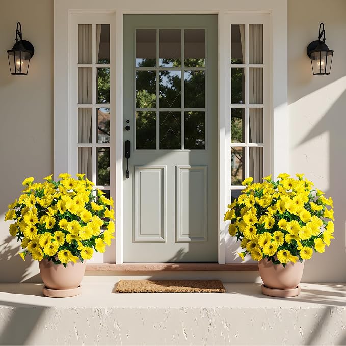 Yellow Artificial Morning Glory Flowers for Outdoor Planters, Premium UV Resistant Silk Faux Flowers for Porch, Hanging Basket & Window Box, Spring Garden Decor, No Pot, 13.3 Inch, 8 Bundles