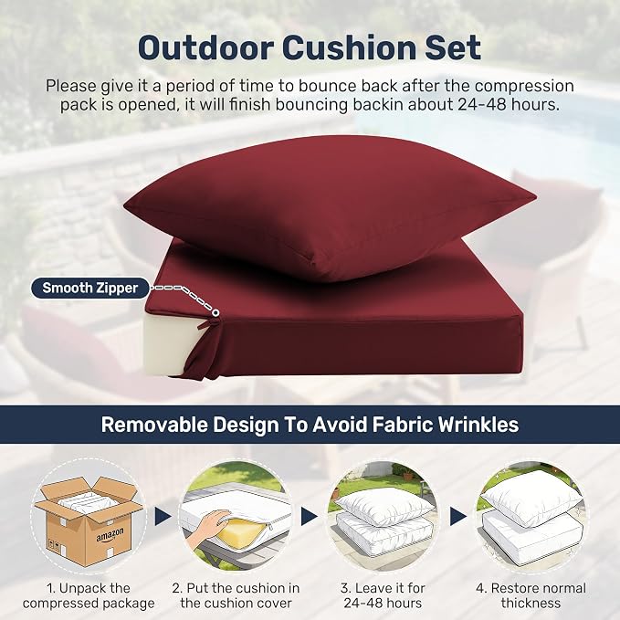 UNIKOME Outdoor Seat Cushions 19 X 19 Inch - Water-Resistant & Fade Resistant, Removable Cover Patio Furniture Cushions for Chair, Sofa, Couch, Wicker, Wine Red