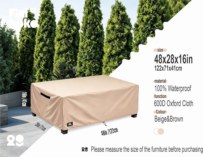 Patio Coffee Table Cover,48Wx28Dx16H Inches 100% Waterproof Heavy Duty Outdoor Rectangular Side Table Cover,Light Brown Minimalism Style Outdoor Furniture Covers