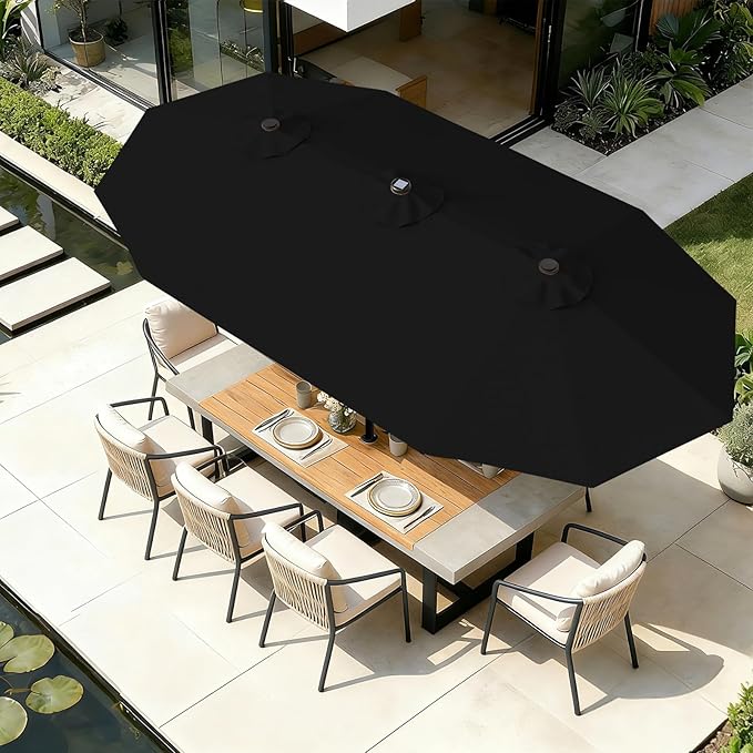 AreShark 13 FT Patio Umbrella with Solar Lights, Double-Sided Outdoor Table Umbrellas with Crank, Large Rectangular Market Umbrella for Porch, Lawn, Pool, Backyard, Black