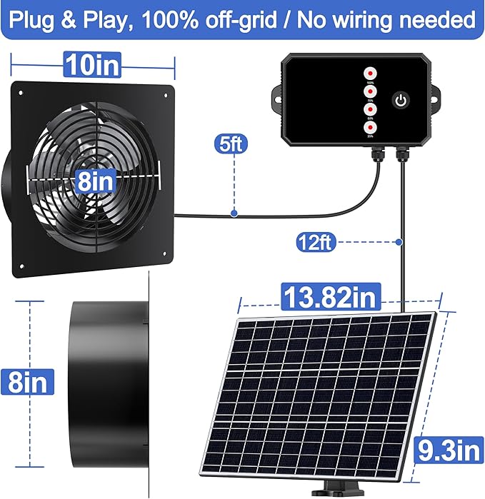 10-Inch 15W Solar Fan with Timer & Remote, Reversible Intake Exhaust Vent System for Chicken Coop, Greenhouse & Shed, Aluminum 6-Speed Airflow with 17ft Cable