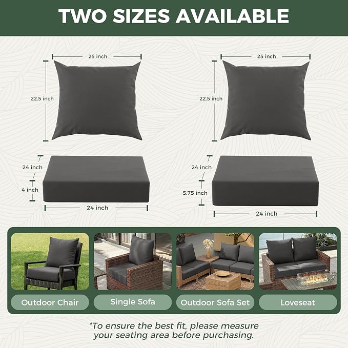 Outdoor Cushions for Patio Furniture, Outdoor Seat Cushion Set 24 x 24 x 5.75 in, Waterproof & Fade Resistant Outdoor Chair Cushions, Patio Cushion with Removable Cover, Set of 2, Dark Grey