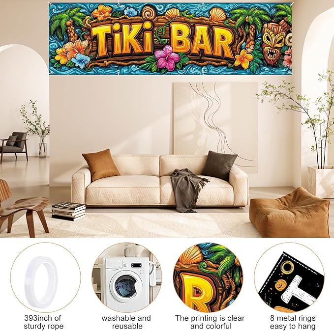 10x3 ft Extra Large Summer Tiki Bar Banner Outdoor 115''x35'' Summer Tropical Banner for Fence Outside Garden Large Flower Banners Yard