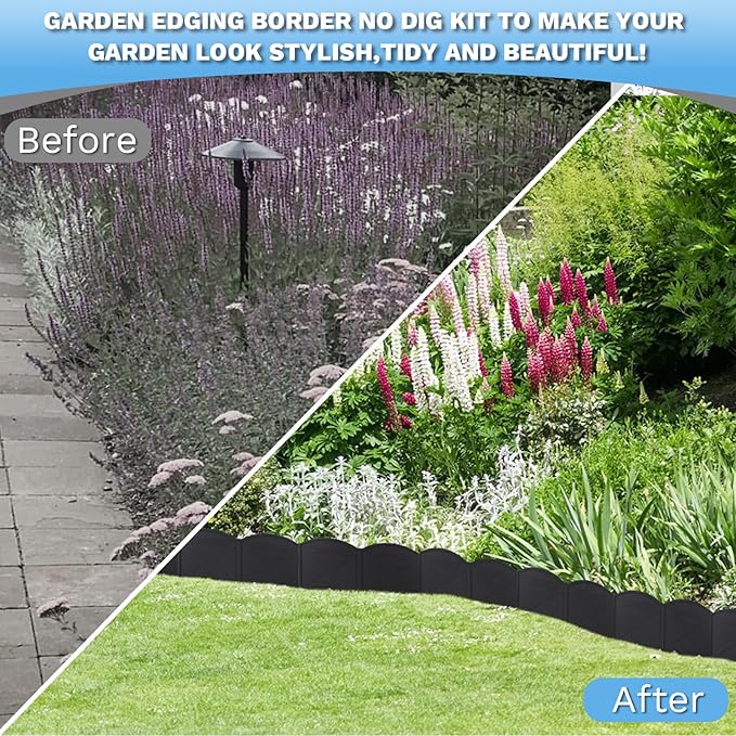 Vashly No-Dig 30Ft Landscape Edging,6 Inch Tall Garden Edging Garden Edging Border, 30Pcs Flower Bed Edging Border with 30Pcs Stakes