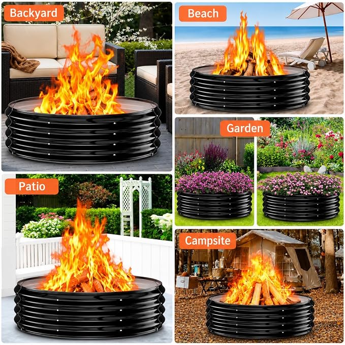 60" Extra Large Fire Pit Ring – Outdoor Wood Burning Fire Pit with Heat-Resistant Coating, 12" Deep Design for Bigger Backyard Gatherings – Heavy Duty Galvanized Steel for Patio, Camping & Bonfires