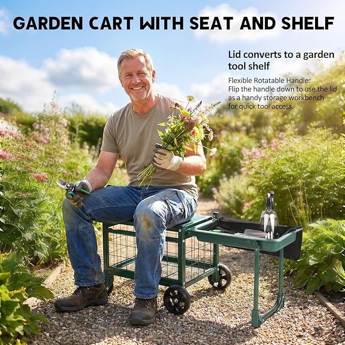 Rolling Garden Work Seat with Wheels, Heavy Duty Gardening Cart with Seat, Garden Stools for Seniors, Outdoor Wagon on Wheels for Lawn, Patio, and Backyard
