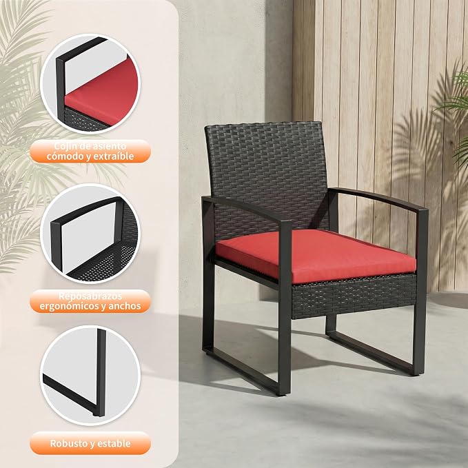 Garvee 3 Pieces Patio Bistro Set, PE Rattan Patio Conversation Set with Tempered Glass Coffee Table, Outdoor Wicker Furniture for Patio Garden Balcony Backyard, Black and Red