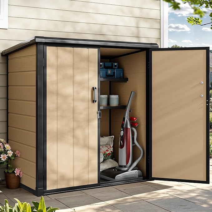DWVO 4.2x2.6ft Outdoor Storage Shed with 2 Shelves, 54 Cu Ft Waterproof Resin Garden Shed with Floor & Lockable Door, Plastic Tool Cabinet for Garbage Cans, Lawn Equipment, Garden Supplies (Brown)