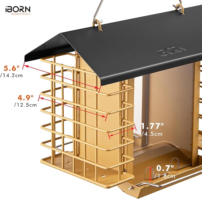iBorn Bird Feeders for Outdoors,Bird Feeder with Double Suet Holders,Suet Feeder for Outside,Weatherproof Metal Roof,Easy to Refill&Clean,3.2 LBs Seed Capacity+2X Cakes,1 Pack,Black Roof & Yellow Grid