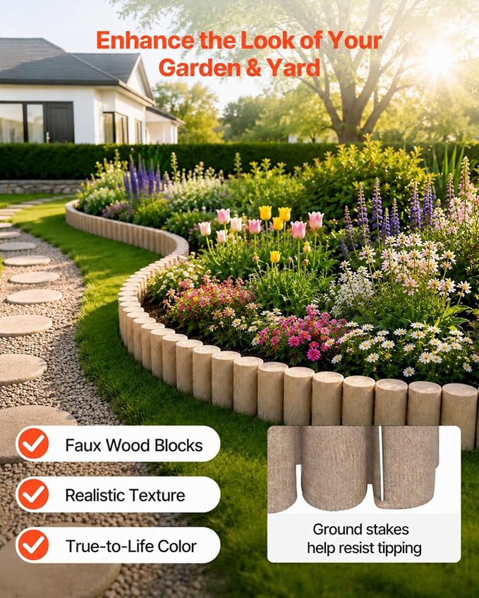 VEVOR No Dig Garden Edging Border, Faux Wood Landscape Edging, Flexible Plastic Lawn Edging for Tree, Flower Bed, Pathway, Yard, 4 Pack 10 Blocks 41.14"L x 3.74" W x 7.48"H, 32 Spikes Included, Beige