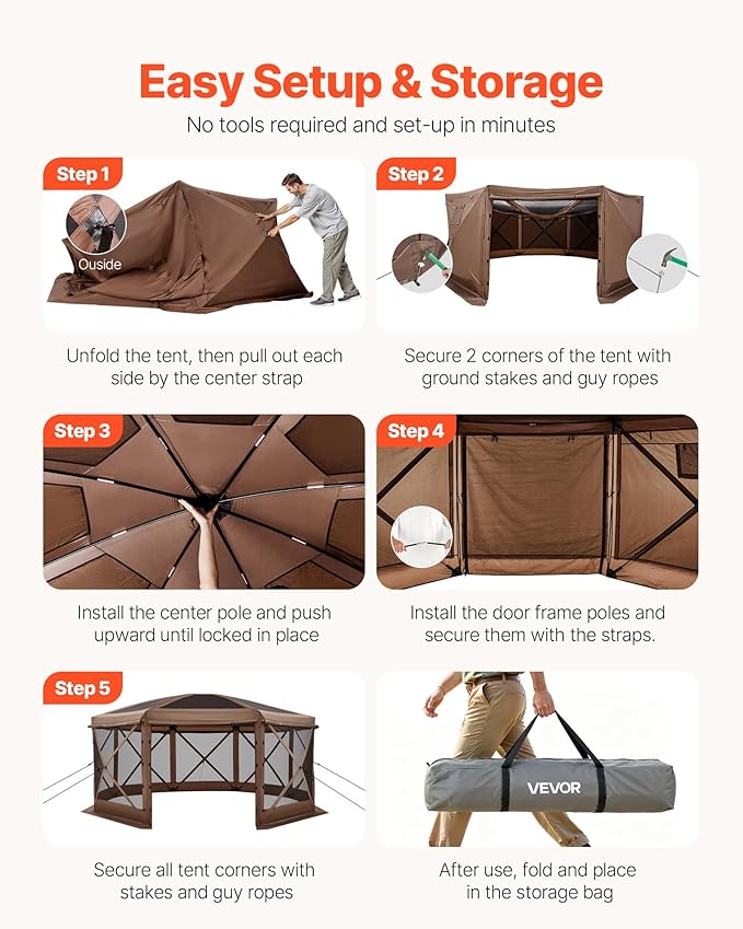 VEVOR Pop up Gazebo Screen Tent, 15 x 15 ft Large 8-Sided Camping Canopy Tent with Removable Top & Carry Bag, Quick-Set & Bite-Proof, Screen House Sun Shelter for 12-15 Persons Backyard Patio, Brown