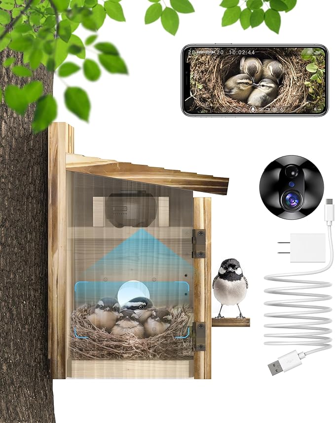 Smart Bird House with Camera for Small Birds Nesting, 2K HD Wi-Fi Bird Watching Cam for Birdhouse, Auto Detect&Notify, Night Vision, APP Control, Wooden Birdhouse with Camera Inside