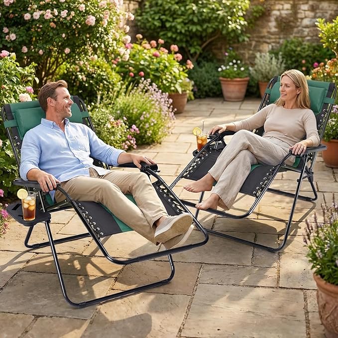 Sweetcrispy Zero Gravity Chairs, Foldable Patio Reclining Chairs with Adjustable Pillow & Cup Holder, Oversized Portable Support 400 lbs, for Backyard Camping(Black-Green)