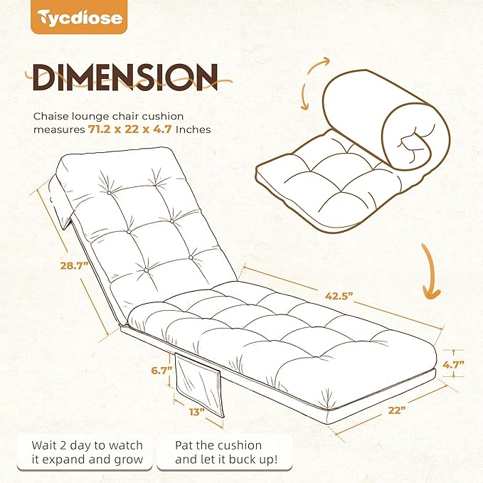 Outdoor Lounge Chair Cushion, Waterproof Chaise Lounge Cushions Replacement for Outdoor Furniture Thickened 71 x 22 x 4.7 Inches Non-Slip Patio Pool Lounge Chair Cushions with Ties (Grey)