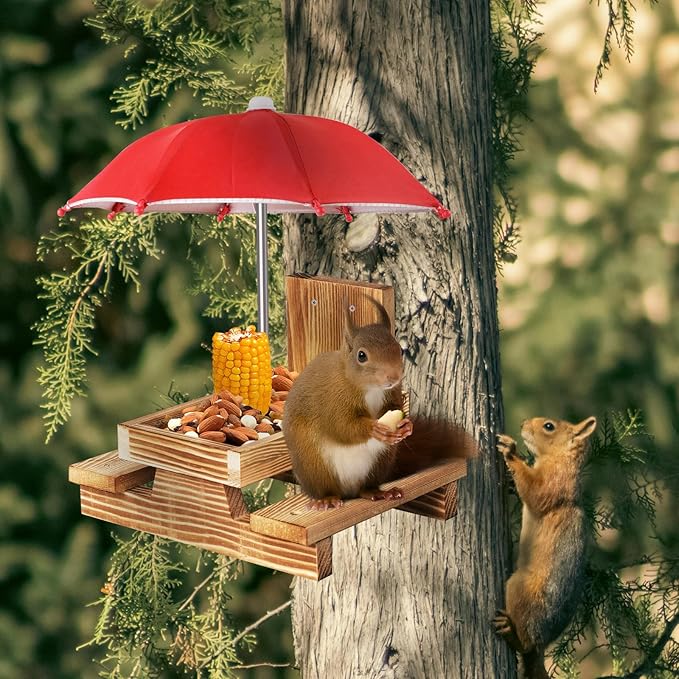 Gnodary Squirrel Feeder with Umbrella, Squirrel Feeders for Outside, Squirrel Picnic Table Feeder - Chipmunk Feeder Hold Corn, Corn Cob, Peanuts Style2 (Red)