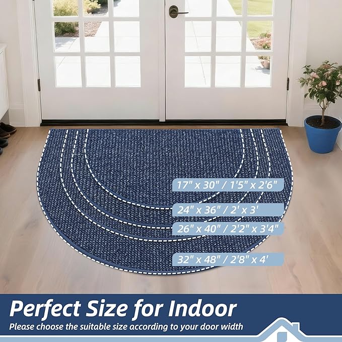 BEQHAUSE Dirt Trapper Door Mat 17" x 30" Half Circle Non Slip Washable Doormats Entrance Rugs Absorbent Welcome Low Profile Floor Mats for Front Back Door and Entryway, Blue