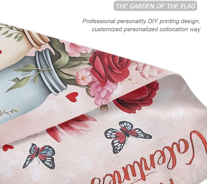 Happy Valentine’s Day Flowers Pink House Flag 28x40 Inch Double Sided Outside Love Tulip Rose Spring Butterfly Seasonal Yard Outdoor Flag Banner for Garden Lawn Patio Holiday Decorations