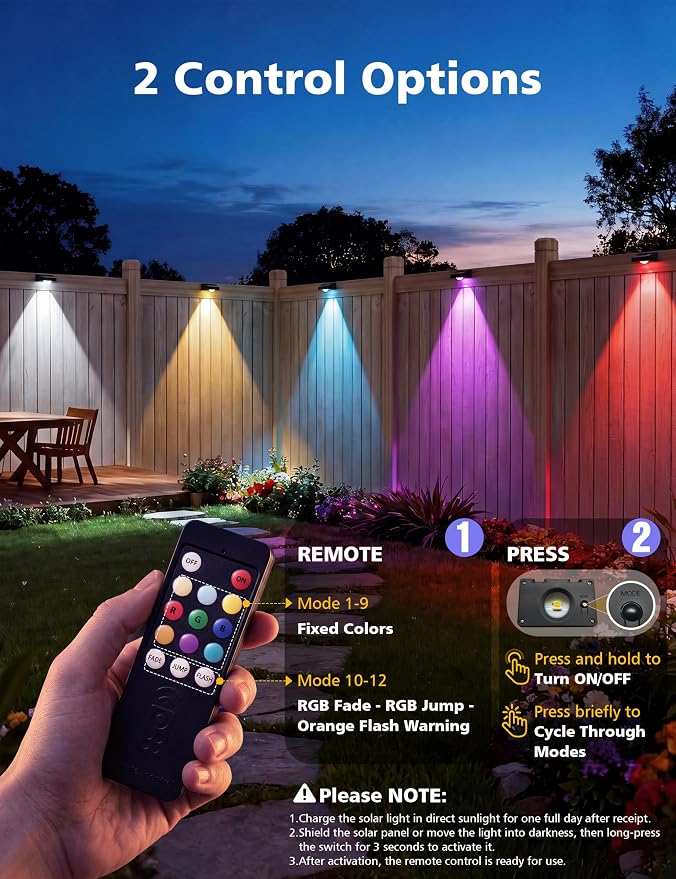 VOLISUN Solar Fence Lights with Remote Control, Fence Lights Solar Powered, IP65 Waterproof LED, RGB Color Changing Solar Light for Fence, Yard, Wall, Backyard (8 Pack,Black)