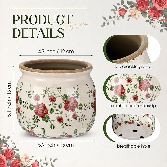 Vintage Planter Large Ceramic Plants Pot Red Plum Crack Cottage Scroll Vase Flower Vase Pot Indoor Plants Home Kitchen Decor Farmhouse Antique Decorative Gift