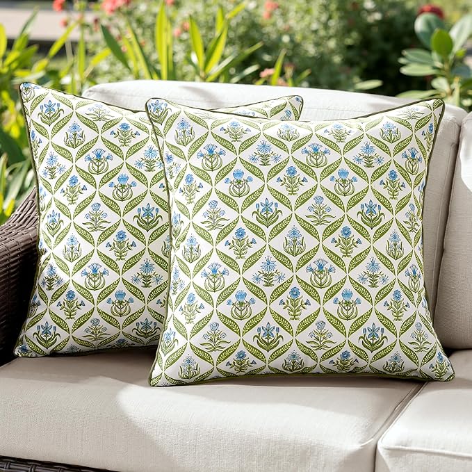 ANRODUO Floral Outdoor Pillow Covers 16x16 Waterproof Set of 2 Block Print Accent Decorative Cushion Cases with Refined Edge Piping for Spring Patio Porch Garden Couch Sofa Bench Decor Green