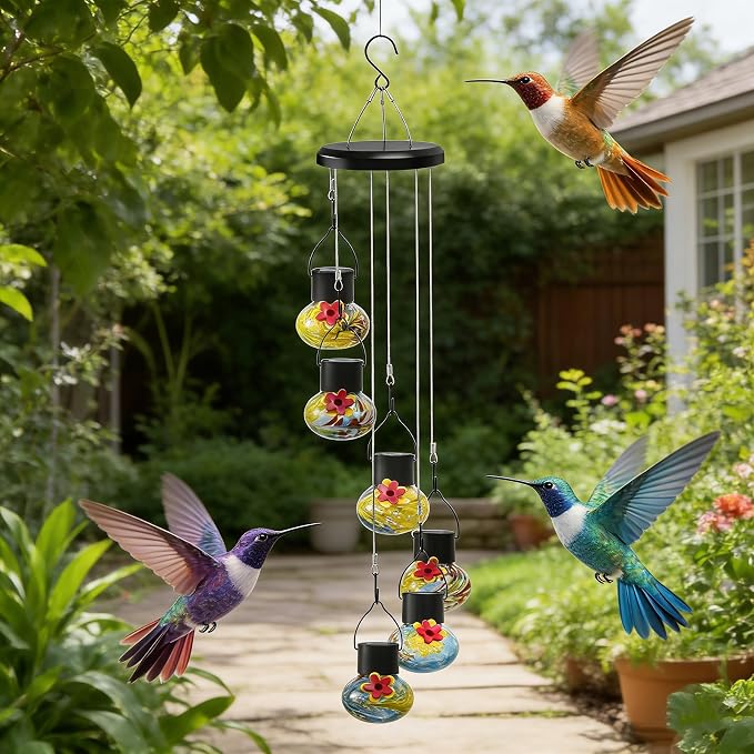 Solar-Powered Hummingbird Feeder with Wind Chime Elegance – 6 Leak-Proof Glass Ports, Frosted Design & Blue Yellow Night Lights – Perfect Outdoor Gift for Nature Enthusiasts