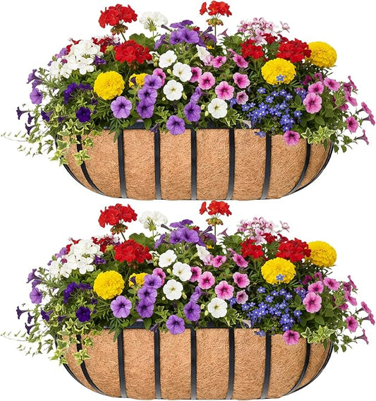 24“ Window Box Railing Planter with Coco Liner Metal Wall-Mounted Coconut Liner Planter Basket English Horse Trough Planters for Outdoor Deck Balcony Porch Fence Patio Black (2 Pack)
