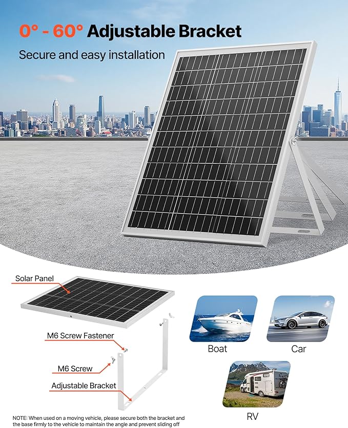 VEVOR 25W 12V Solar Panel Battery Charger, Solar Battery Trickle Charger Maintainer with Intelligent MPPT Controller & Adjustable Mount Bracket, IP67 Waterproof for Car Boat RV Motorcycle Trailer