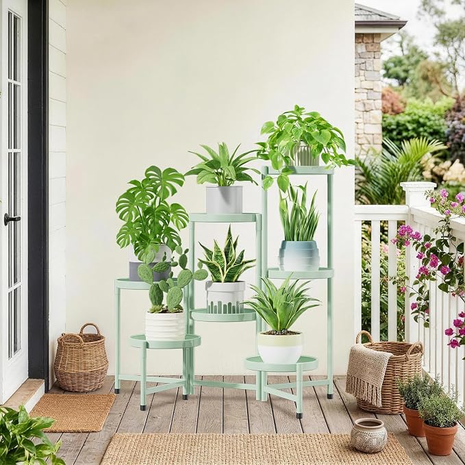 iDavosic.ly 7 Tier Large Plant Stand Indoor, 10 Inch Wide Tall Corner Metal Plant Stands Outdoor for Multiple Plants, Folding Tiered Flower Display Holder Rack Shelf, Light Green