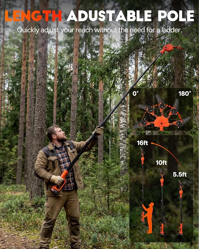 Electric Pole Saws for Tree Trimming, 3-in-1 Bruless Motor Mini Chainsaw & Pole Saw, 8‘’ & 10‘’ Cordless Chainsaw with Extendsion Pole, 2x4000mAh Li Batteries & Charger, 16FT Max Reach