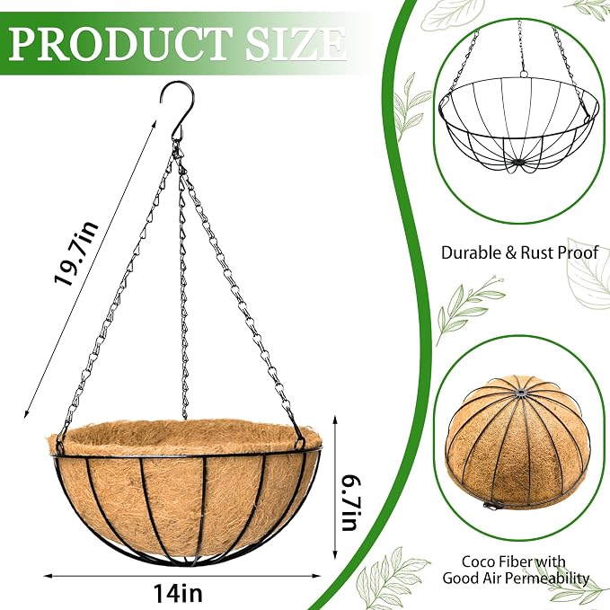 Hanging Planters for Outdoor Plants 4 Pack 14 inch Metal Hanging Flower Basket with Coco Coir Liner Wire Plant Holder Watering Flower Baskets Pot Hanger Garden Decoration for Indoor Outdoor(XGL)