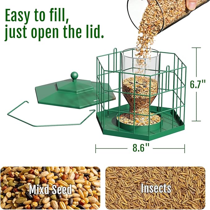 Birdream Squirrel Proof Bird Feeders for Outdoor Hanging, Metal Cage Bird Feeder with Rain Proof Covered for Wildbirds Bluebird Finches, Green