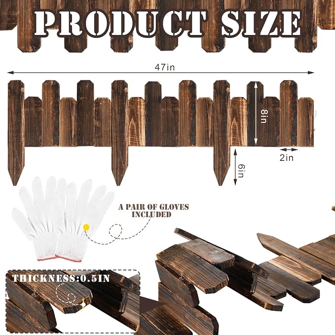Bucherry 4 Pcs Wood Garden Edging Border No Dig Landscape Edging Anti Corrosive Lawn Picket Fence with Gloves Decorative Flower Bed for Yard Patio Pathway Tree Outdoor 7.9 x 47 Inch