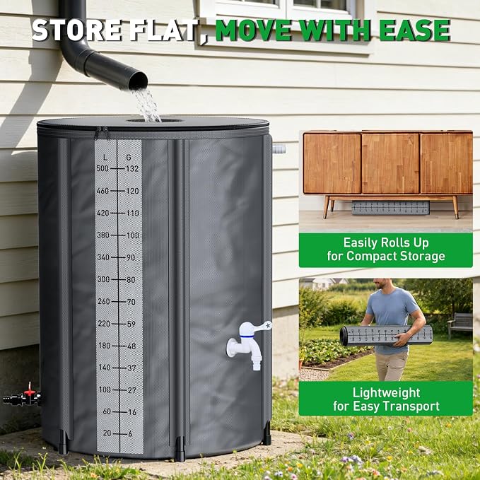 Yesker Collapsible Rain Barrel, 132 Gallon Portable Rainwater Collection System, 550D PVC Water Storage Tank, Rain Catcher with Spigots Filter Overflow Kit, Grey
