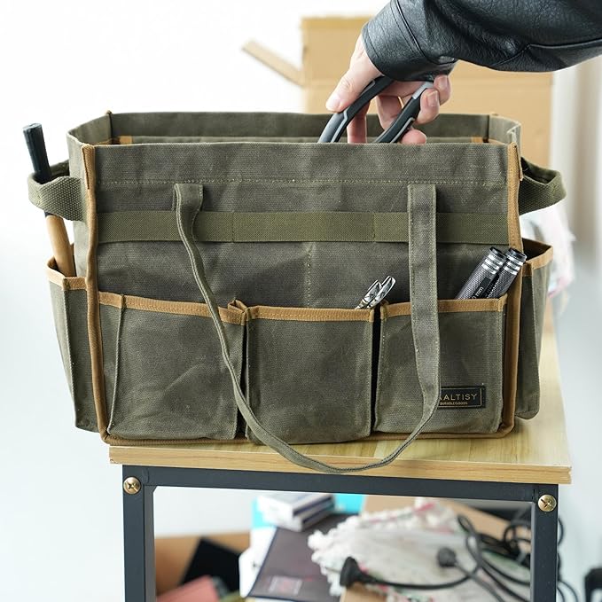 Tool Bag, Heavy Duty 16oz Waxed Canvas Garden Tool Organizer Tote with Reinforced Bottom, Large Capacity & 11 Slots, Dual Handles Tool Carrier for Gardening Carpentry DIY Tools | Army Green