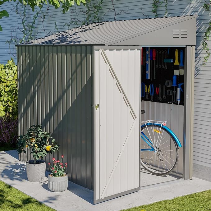 YOPTO 4x7 FT Outdoor Storage Shed Lean to Shed,Metal Shed W/Lockable Door & Air Vent,All Weather Waterproof Garden Tool House W/Reversible Installation,for Backyard,Patio,Lawn,Olive Gray