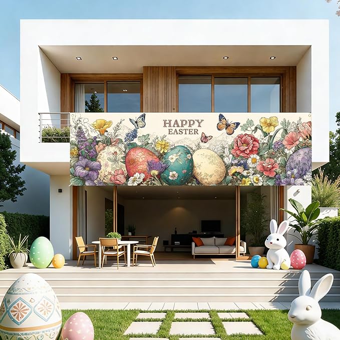 Happy Easter Fence Banner 118 x 35 Inch, Large Waterproof Outdoor Easter Eggs Banner with Flowers & Butterflies for Yard Porch Fence Spring Decorations