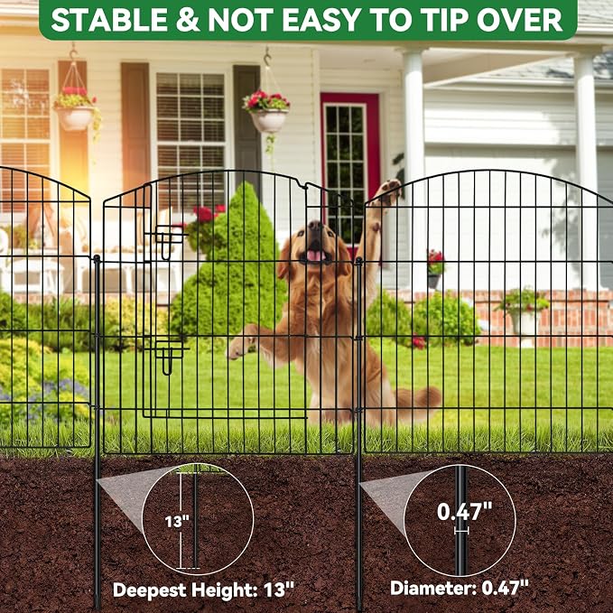 GOTGELI No Dig Decorative Garden Fence with Gate 32in(H) x 22ft(L), 9 Panels+1 Gate+11 Stakes, Rustproof Metal Animal Barrier, Temporary Dog Fencing Outdoor for Yard, Patio, Flower Bed, Landscape