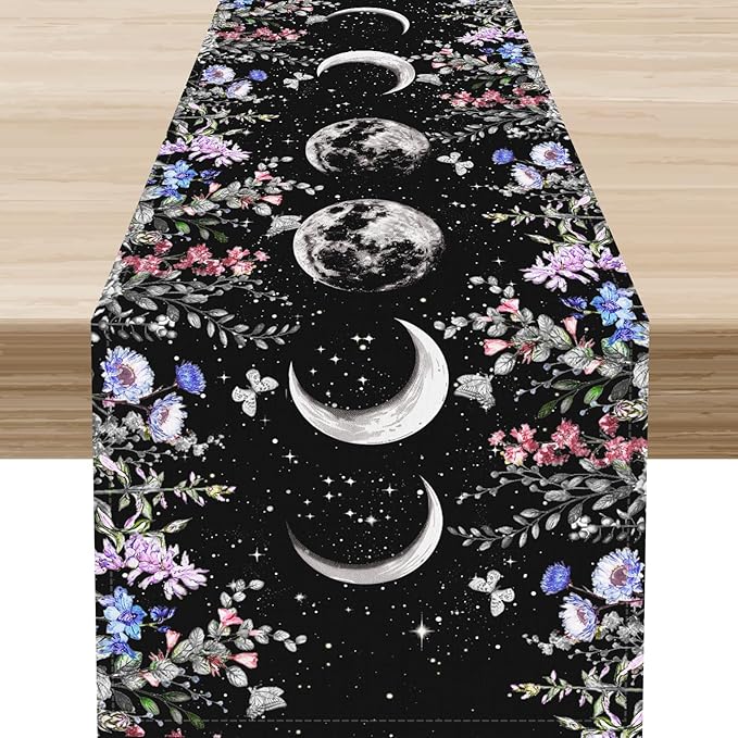 Boho Floral Table Runner, Spring Gothic Wild Flower Moon Phase Seasonal Mystical Witch Coffee Table Center Decor for Family Holiday Party Kitchen Outdoor Farmhouse Table Decorations, 13"x72"