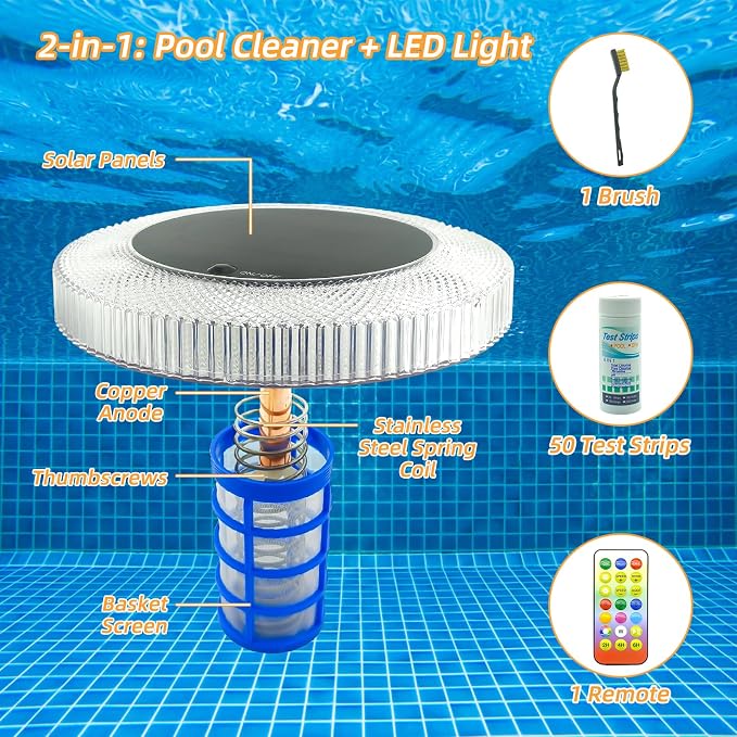 Fistone Solar Pool Ionizer with LED Light & Remote Control - Copper Floating Pool Cleaner for Above Ground & Inground Pools (Up to 45,000 Gallons)