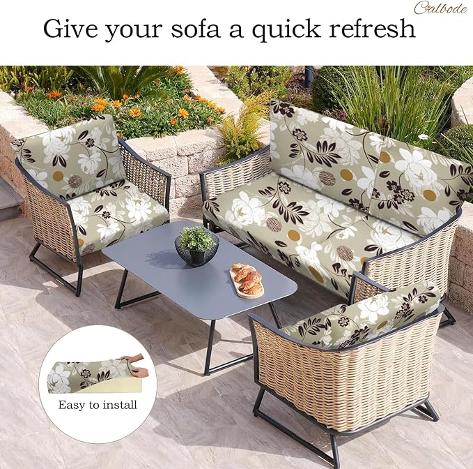 CALBODE 8 Pcs Waterproof Patio Cushion Covers, Floral Printed Stretch Outdoor Sofa Cover for Patio Furniture, Washable Chair Covers Reusable Furniture Protector for Fall Decor (Brown, Cover Only)