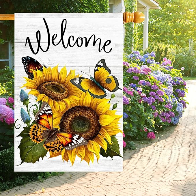 Summer Sunflower Butterfly Garden Flag 12x18 inch Double Sided Welcome Burlap House Flag, Small Outdoor Yard Flag for Garden Porch Farmhouse Decor