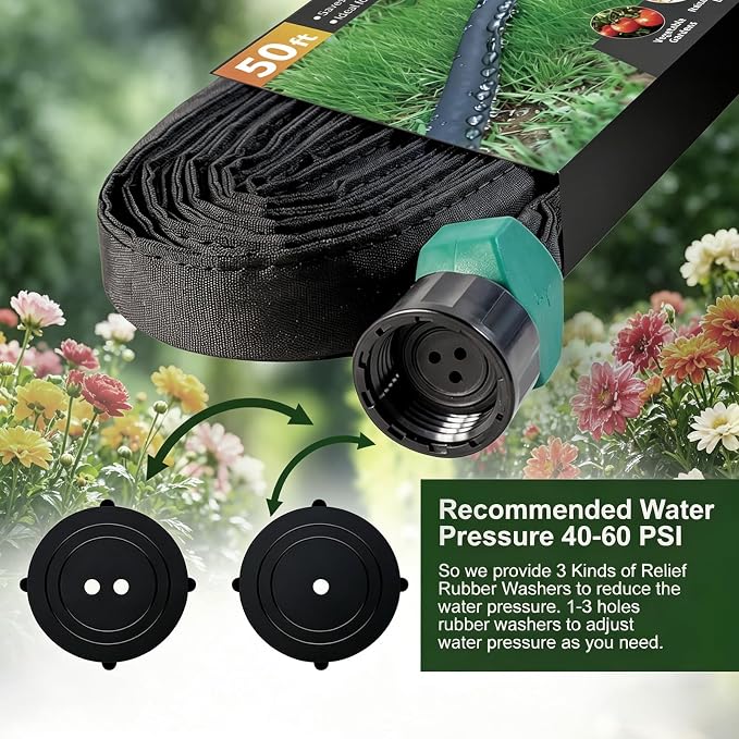 Flat Soaker Hose 50 ft 2-Pack with Splitter, 80% Water-Saving Drip Irrigation Hose 100 ft, Linkable DIY Garden Soaker Hose System for Garden Beds, Lawn, Vegetables & Trees (50ft 2-pack)