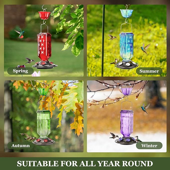 Kingsyard 2 Pack Glass Hummingbird Feeder for Outdoor Hanging, 24 Ounces, 6 Feeding Ports, Bird Nectar Feeder for Garden Décor, Ant Moat Included, Turquoise
