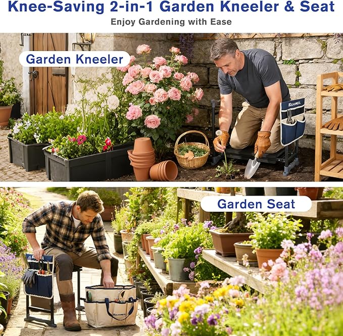 Garden Kneeler and Seat, Extra Wide Thick EVA Pad, Heavy Duty Foldable Garden Bench Holds 350lbs, Ergonomic Kneeling Stool with Garden Tool Pouches, Gardening Gifts for Women, Men & Seniors