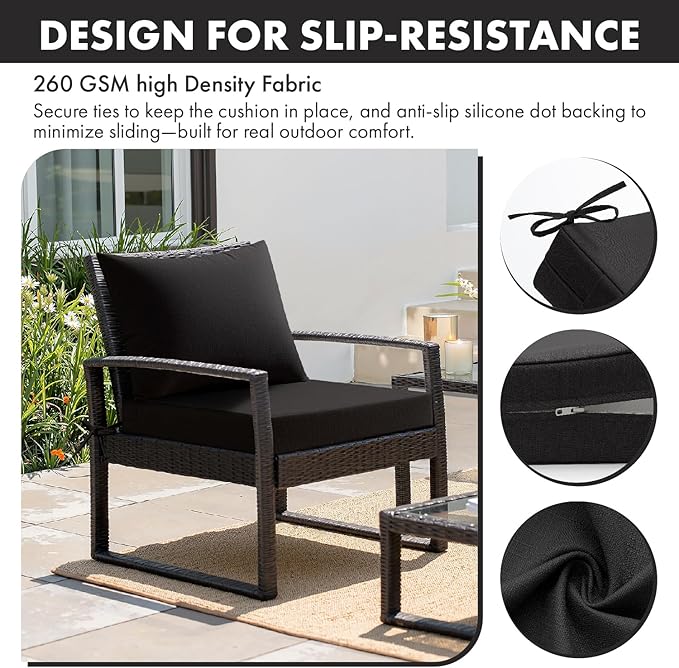 MIULEE Black Outdoor Seat Cushion Set 24x24 Inch Linen Textured Waterproof & 3 Year Color Fastness Seat and Back Cushion with Ties No Slip Design for Patio Furniture Chair Sofa Couch