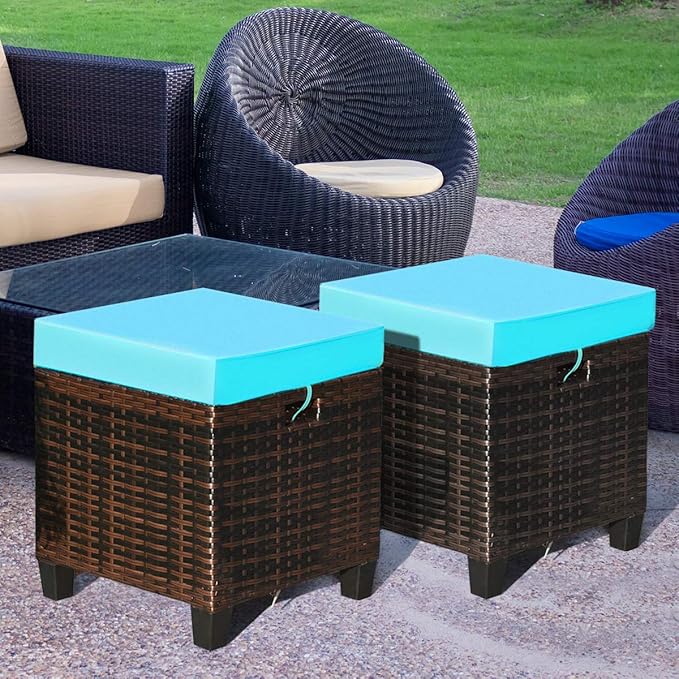 Tangkula 2 Pieces Outdoor Patio Ottoman, All Weather Rattan Wicker Ottoman Seat, Patio Rattan Furniture, Outdoor Footstool Footrest Seat w/Removable Cushions
