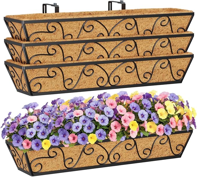 HFHOME 30 Inch Railing Planter Box with Coco Liners for Deck, Porch, Fence, Patio, Balcony Hanging Flower Railing Baskets with Adjustable Brackets, Outdoor Garden - 4 Packs