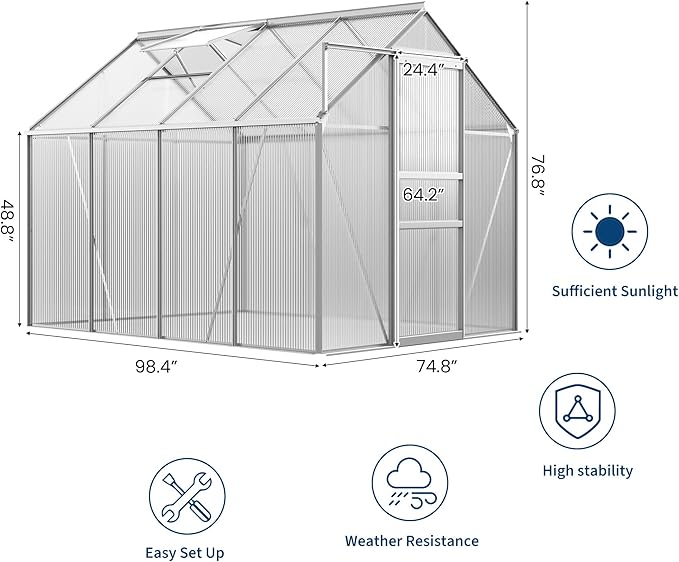 6x8FT Greenhouse for Outdoors, Walk-in Polycarbonate Greenhouse with Sliding Door, Adjustable Roof Vent & Gutter System, Portable Outdoor Green House Kit for Winter Gardening