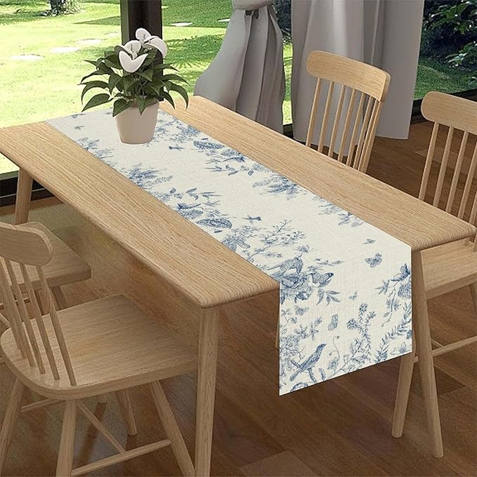 Blue Floral Table Runner, Retro Seasonal Watercolor Spring Wildfloral Flower Birds Boho Rustic Coffee Table Center Decor for Family Kitchen and Dining Farmhouse Party Table Decorations, 13"x36"