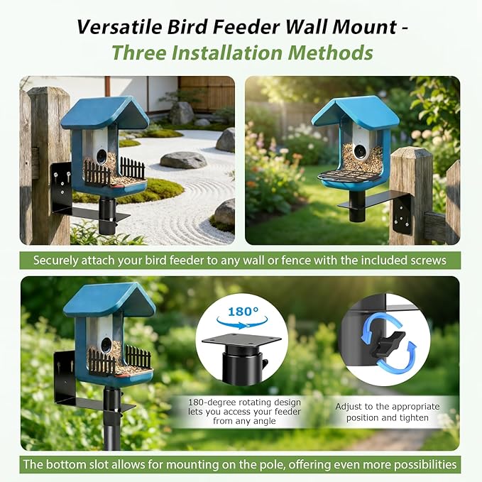 Versatile Bird Feeder Wall Mount for Bird Buddy, with Metal Bird Seed Guard/3 Pcs Perch Extender & Side Fence/Metal Suet Ball Holder, for Outdoor Durable, Weather-Proof
